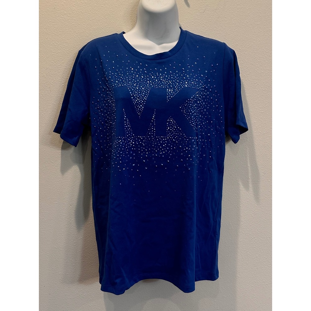 Michael Kors Galaxy Blue Rhinestone MK Logo Short Sleeve Tee Small JF551UN97J